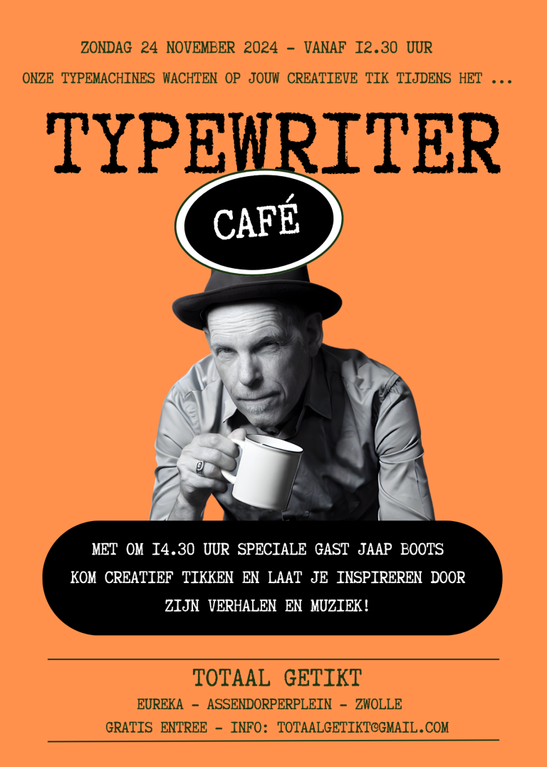 Poster voor Typewriter Café met Jaap die koffie drinkt, data en details van het evenement.