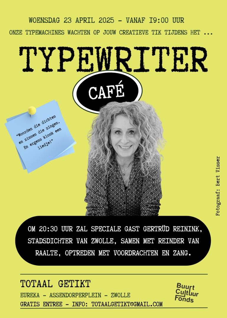 Affiche voor Typewriter Café met datum, locatie en uitnodiging voor speciale gast.