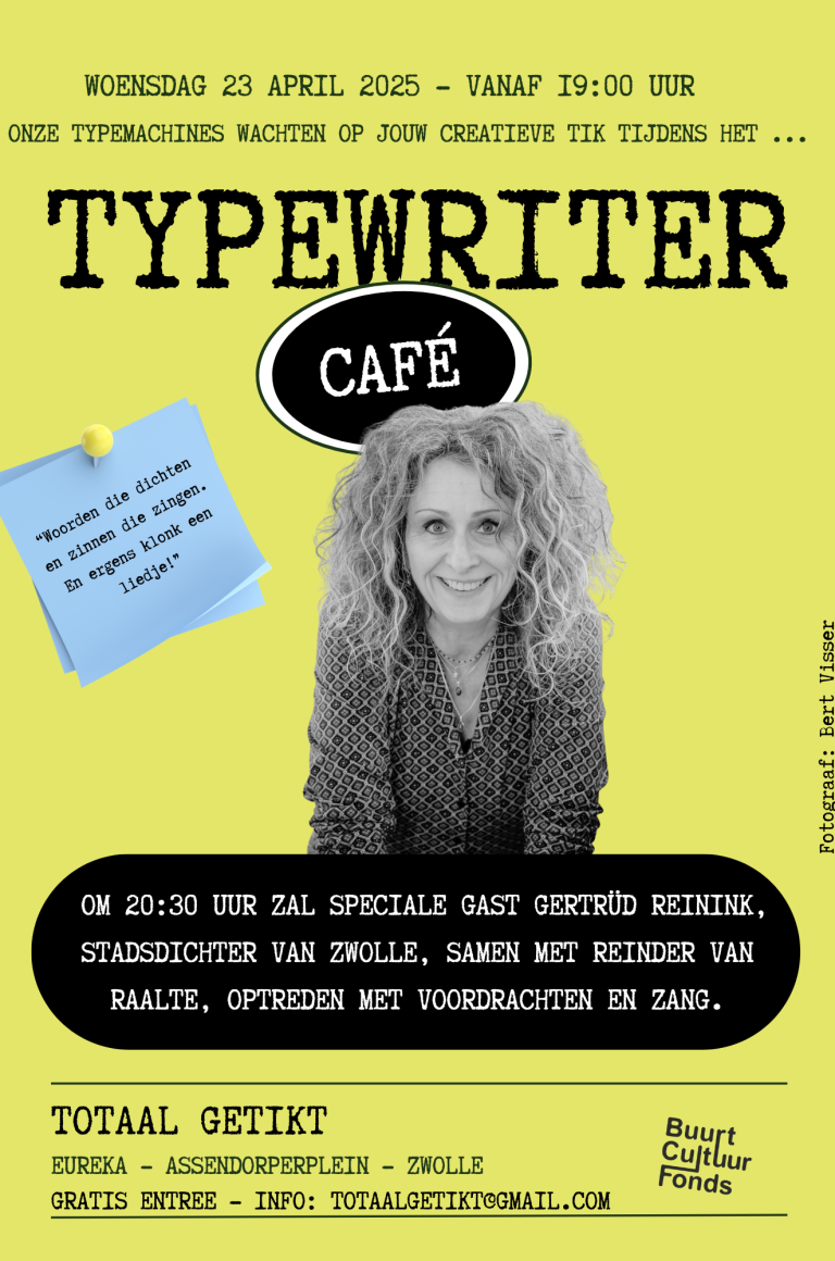 Affiche voor Typewriter Café met datum, locatie en uitnodiging voor speciale gast.